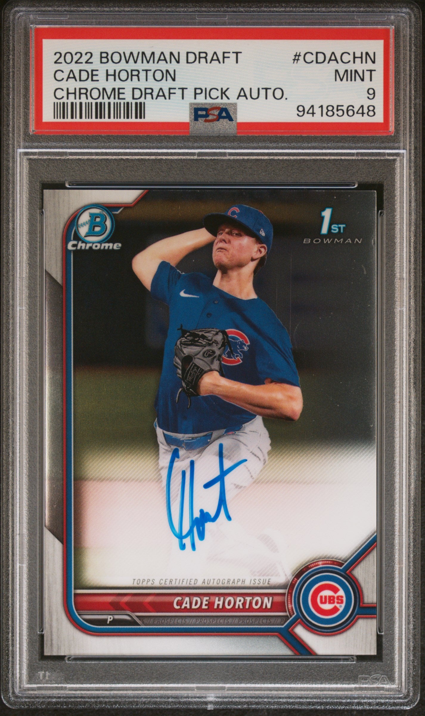 CADE HORTON | 2022 BOWMAN DRAFT CHROME DRAFT PICK AUTOGRAPHS CDACHN | CHROME DRAFT PICK AUTO. | PSA MINT 9