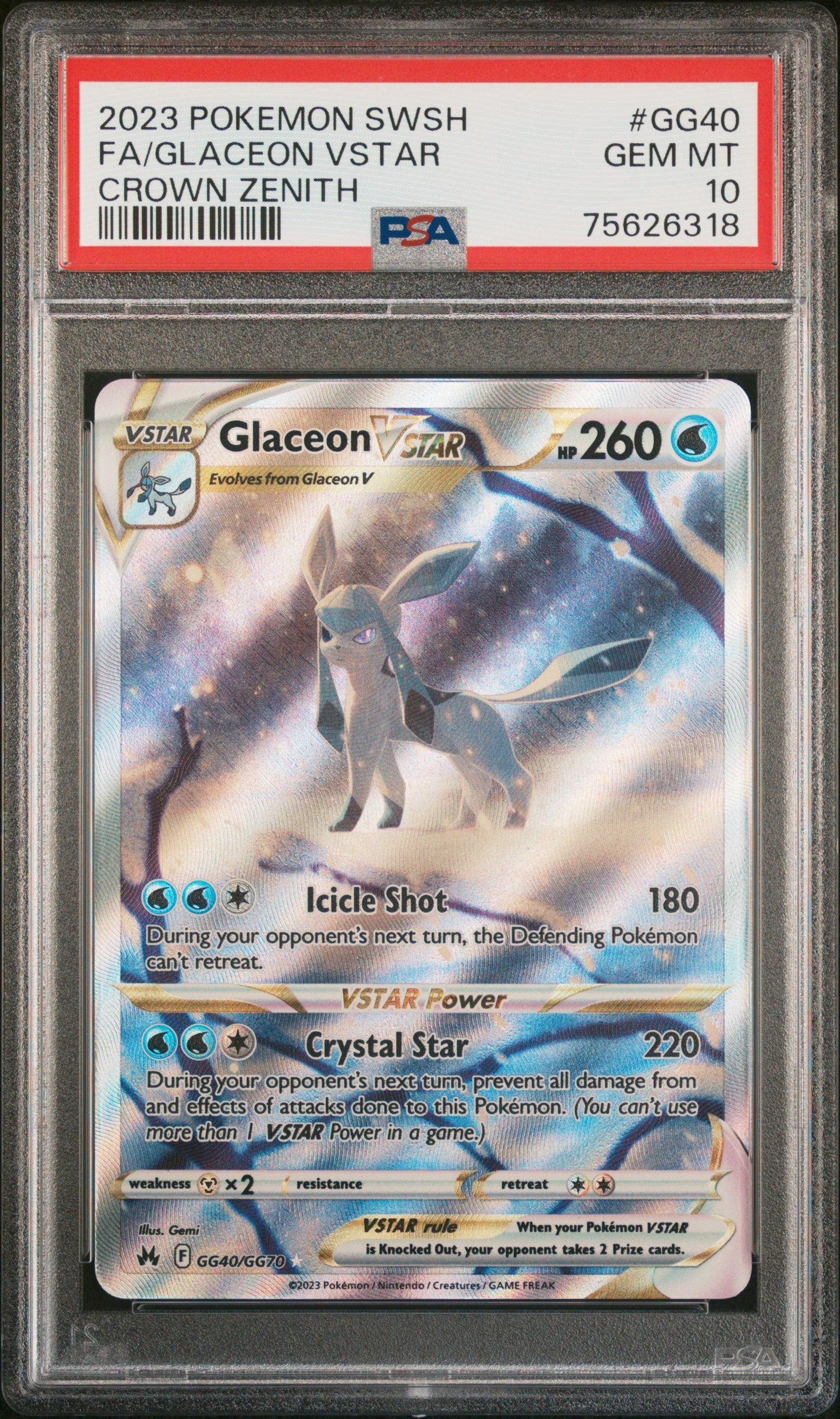 FA/GLACEON VSTAR | 2023 POKEMON SWORD AND SHIELD CROWN ZENITH GG40 | CROWN ZENITH | PSA GEM MT 10