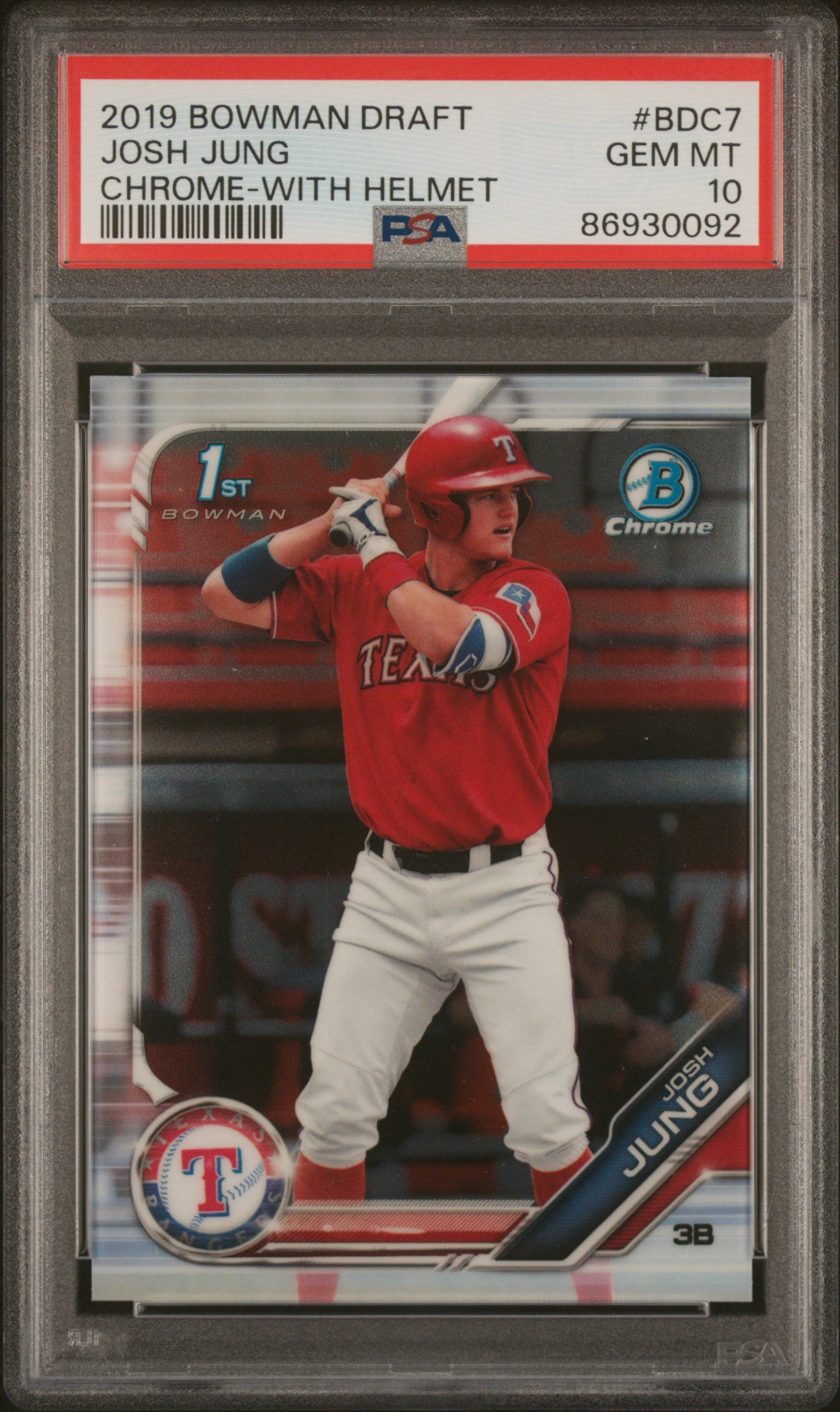 JOSH JUNG | 2019 BOWMAN DRAFT BDC7 | CHROME-WITH HELMET | PSA GEM MT 10