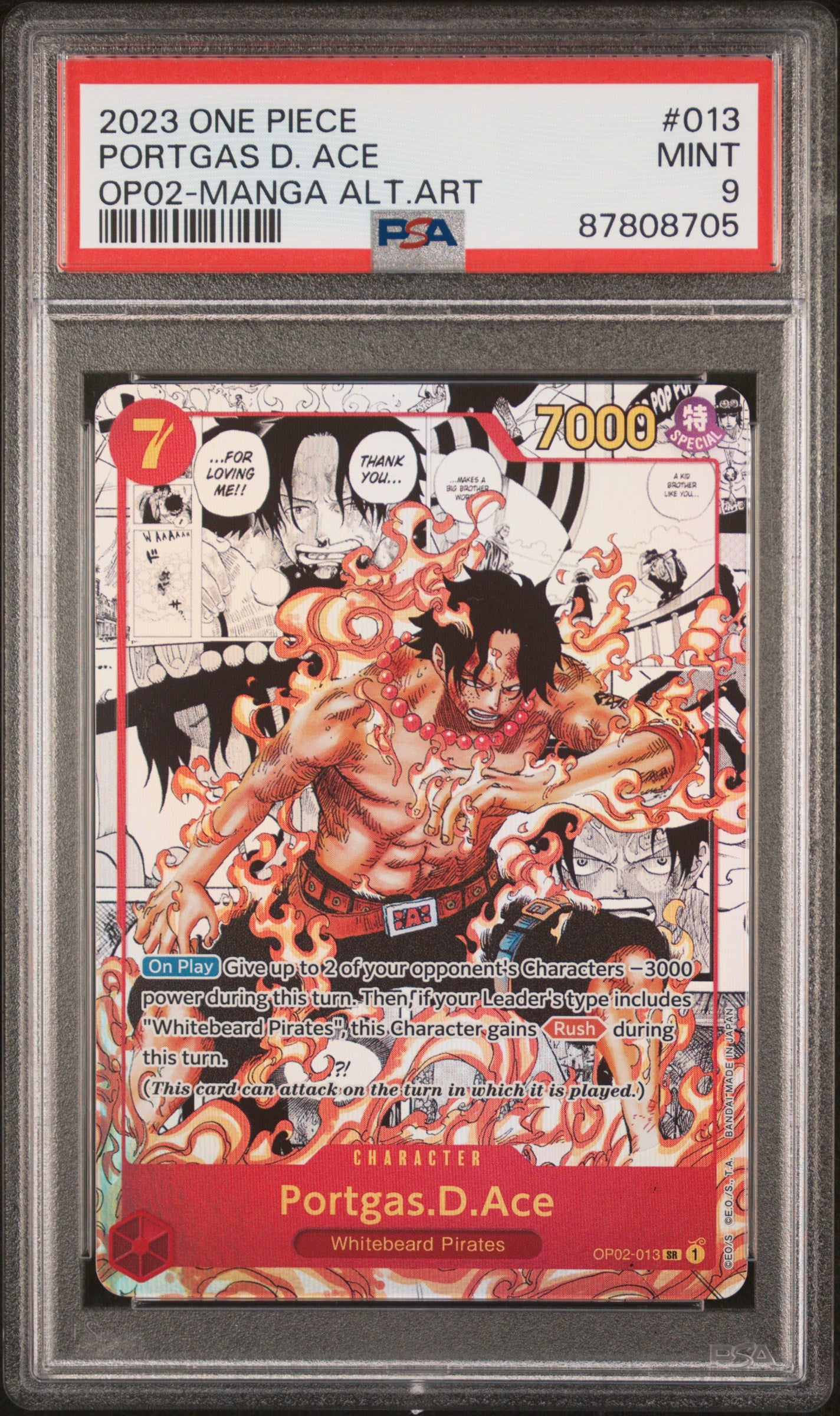PORTGAS D. ACE | 2023 ONE PIECE OP02-PARAMOUNT WAR 013 | MANGA ALTERNATE ART | PSA MINT 9