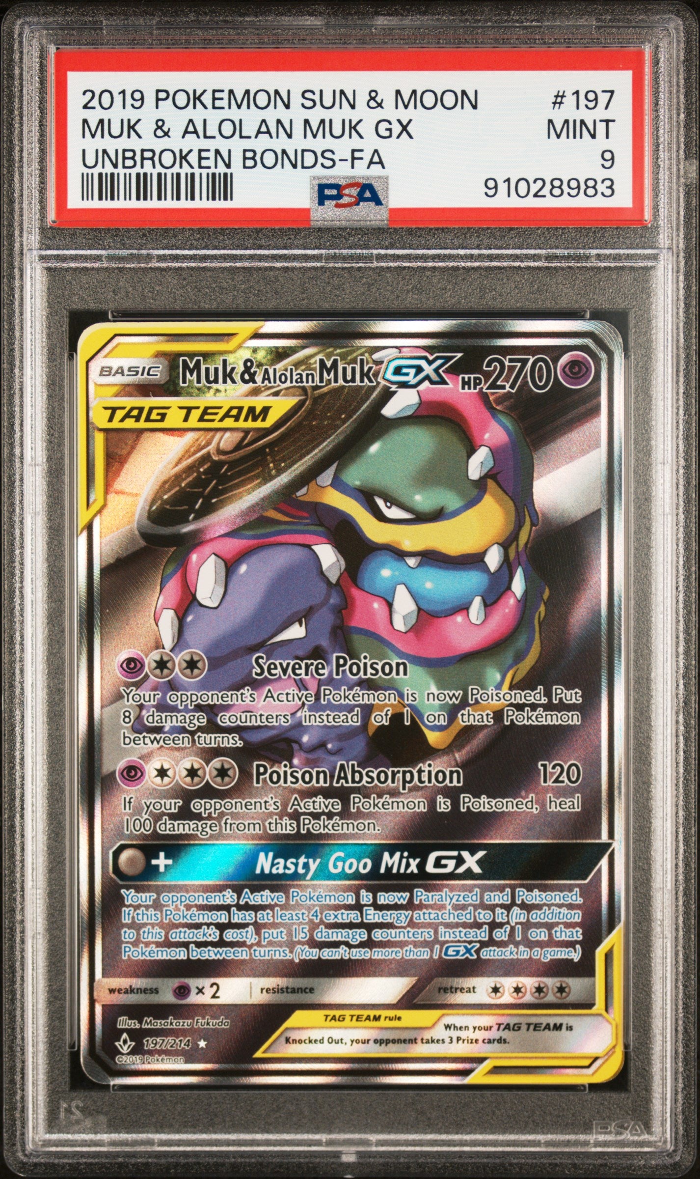 MUK & ALOLAN MUK GX | 2019 POKEMON SUN & MOON UNBROKEN BONDS 197 | UNBROKEN BONDS-FA | PSA MINT 9