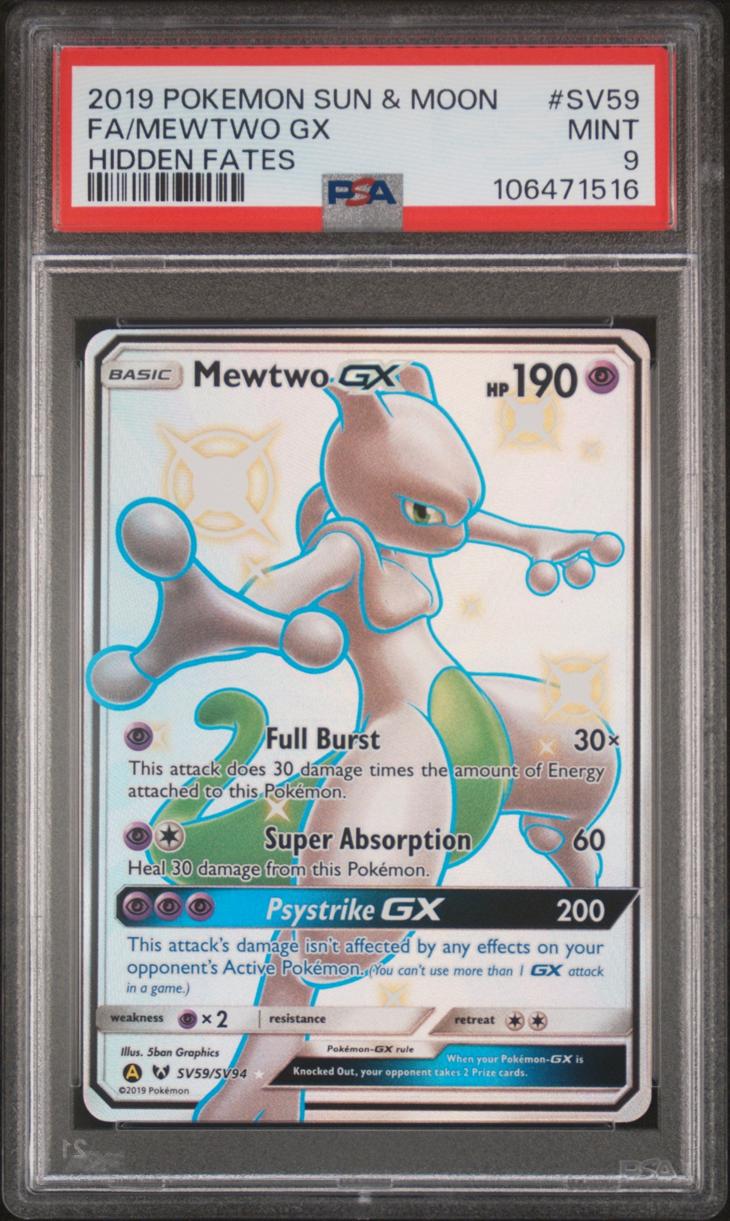 FA/MEWTWO GX | 2019 POKEMON SUN & MOON HIDDEN FATES SV59 | HIDDEN FATES | PSA MINT 9