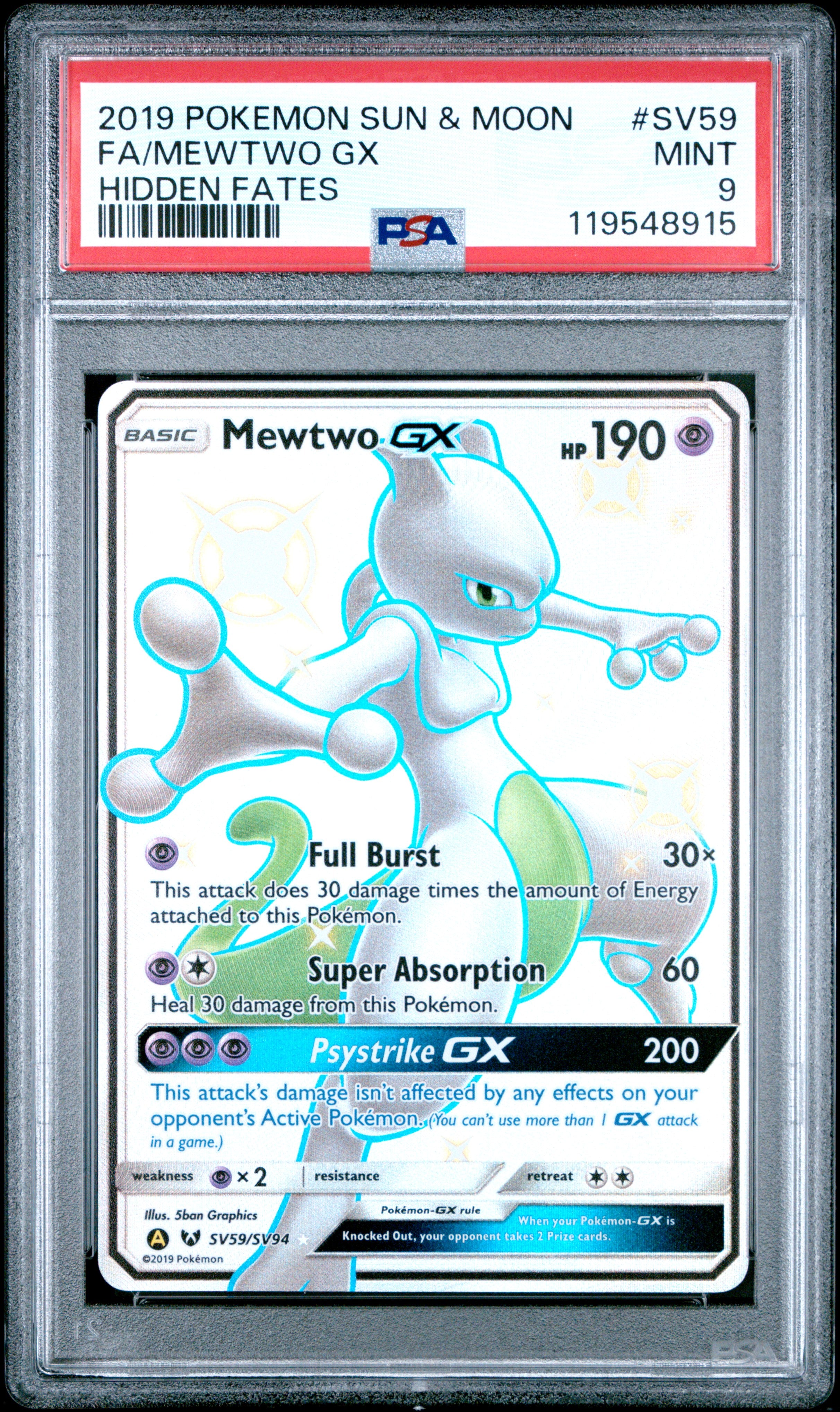 FA/MEWTWO GX | 2019 POKEMON SUN & MOON HIDDEN FATES SV59 | HIDDEN FATES | PSA MINT 9