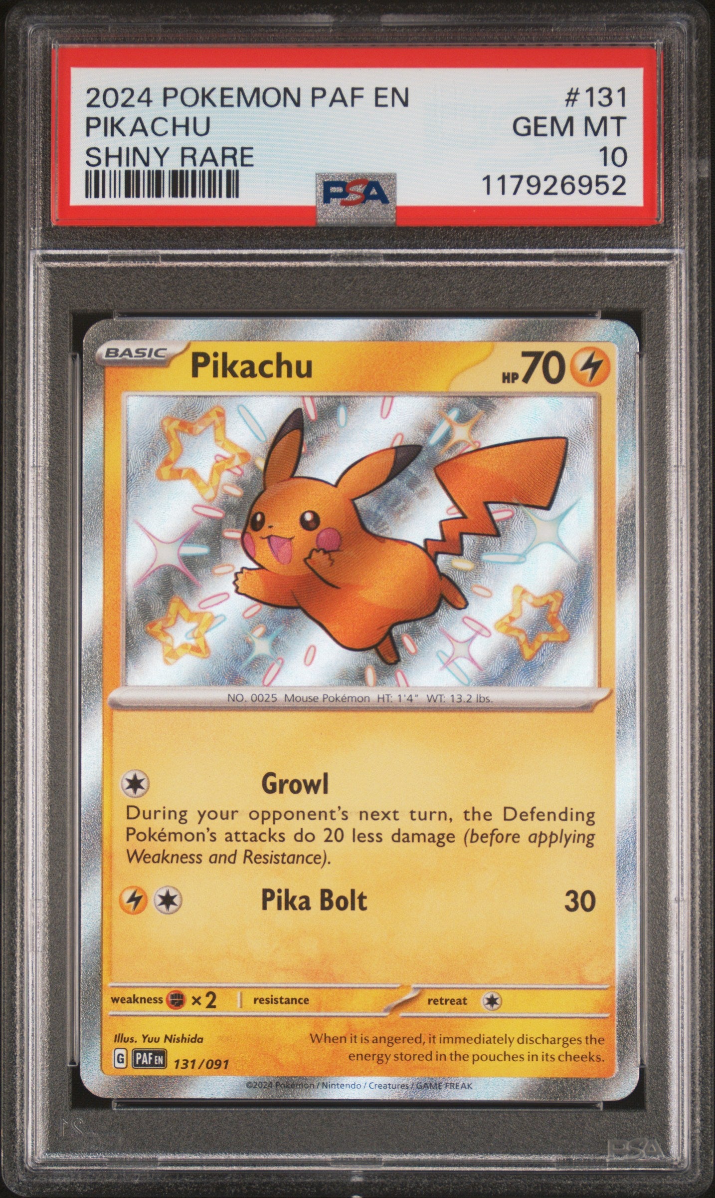 PIKACHU | 2024 POKEMON PAF EN-PALDEAN FATES 131 | SHINY RARE | PSA GEM MT 10