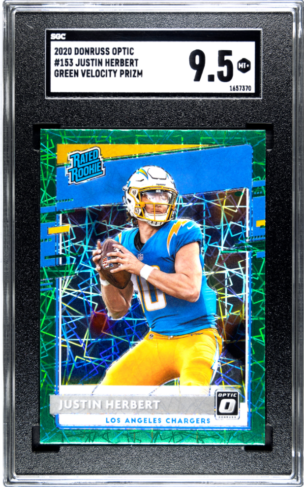 JUSTIN HERBERT #153 2020 DONRUSS OPTIC GREEN VELOCITY PRIZM SGC 9.5 MT+