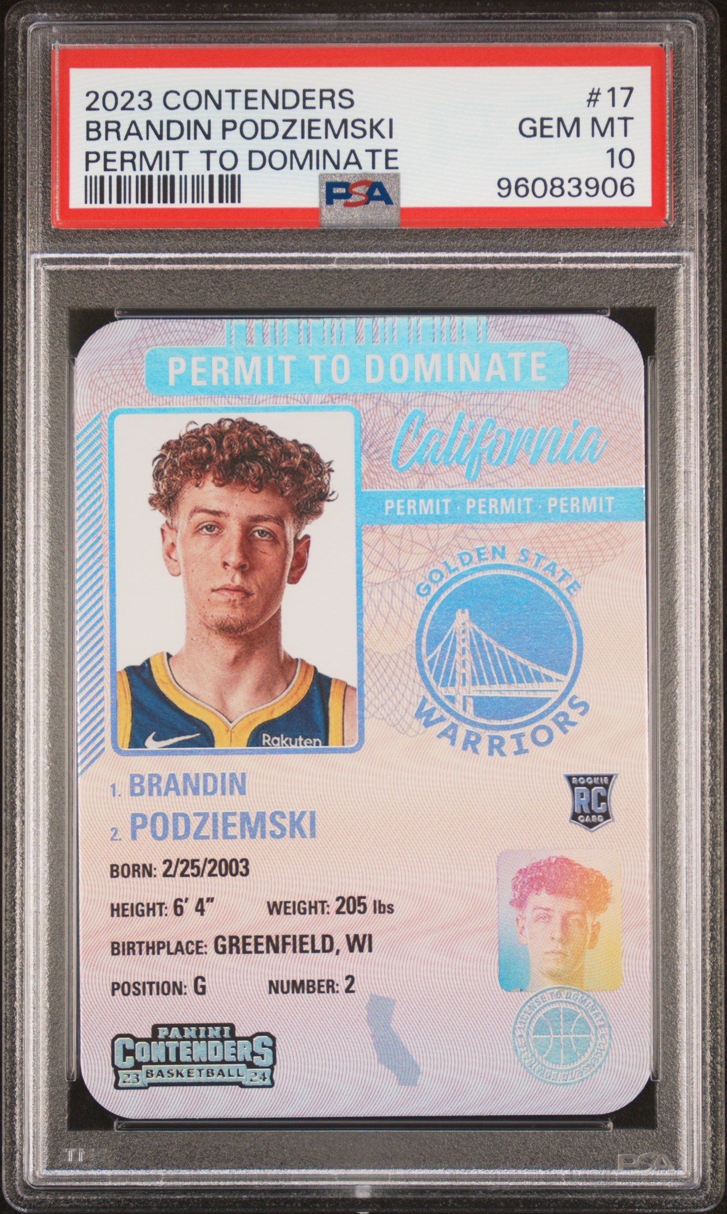 BRANDIN PODZIEMSKI | 2023 PANINI CONTENDERS PERMIT TO DOMINATE 17 | PSA GEM MT 10