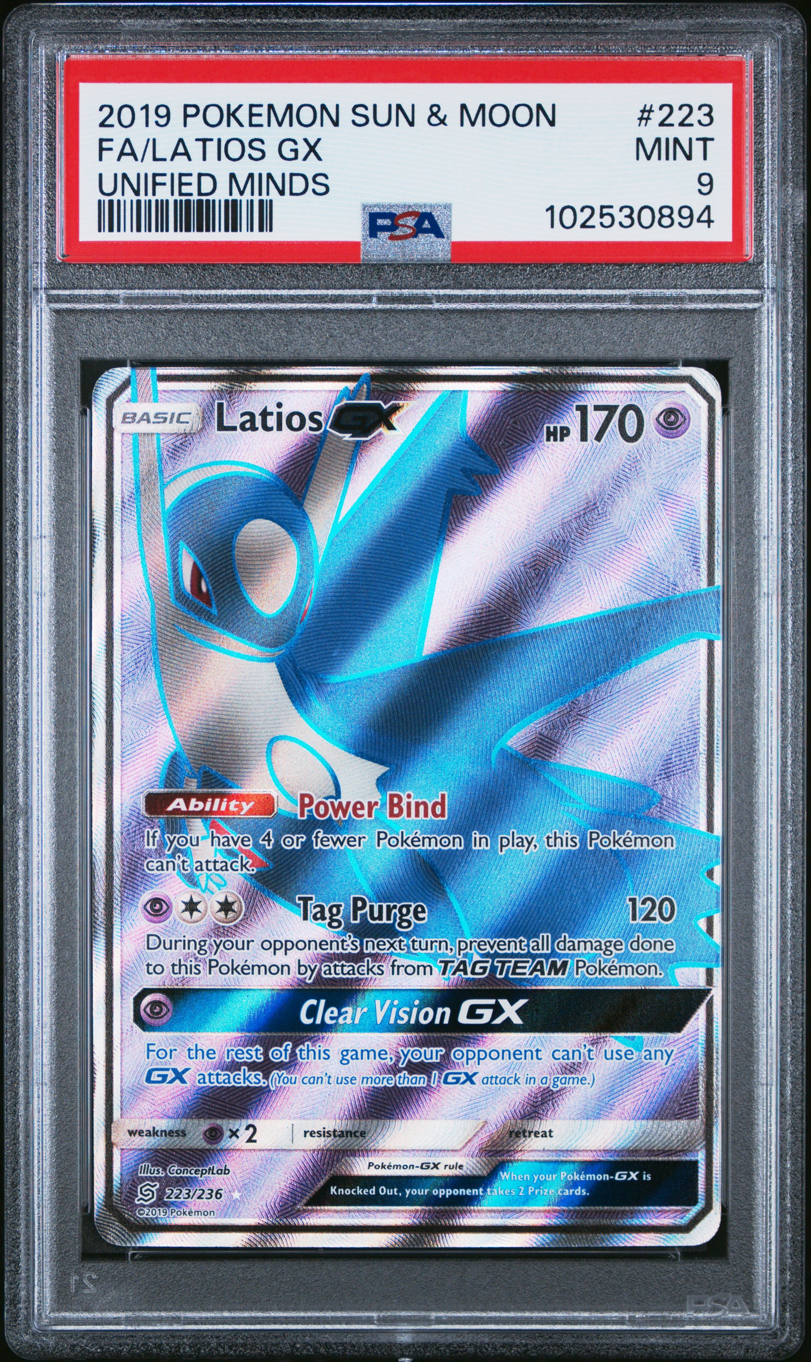 FA/LATIOS GX | 2019 POKEMON SUN & MOON UNIFIED MINDS 223 | UNIFIED MINDS | PSA MINT 9