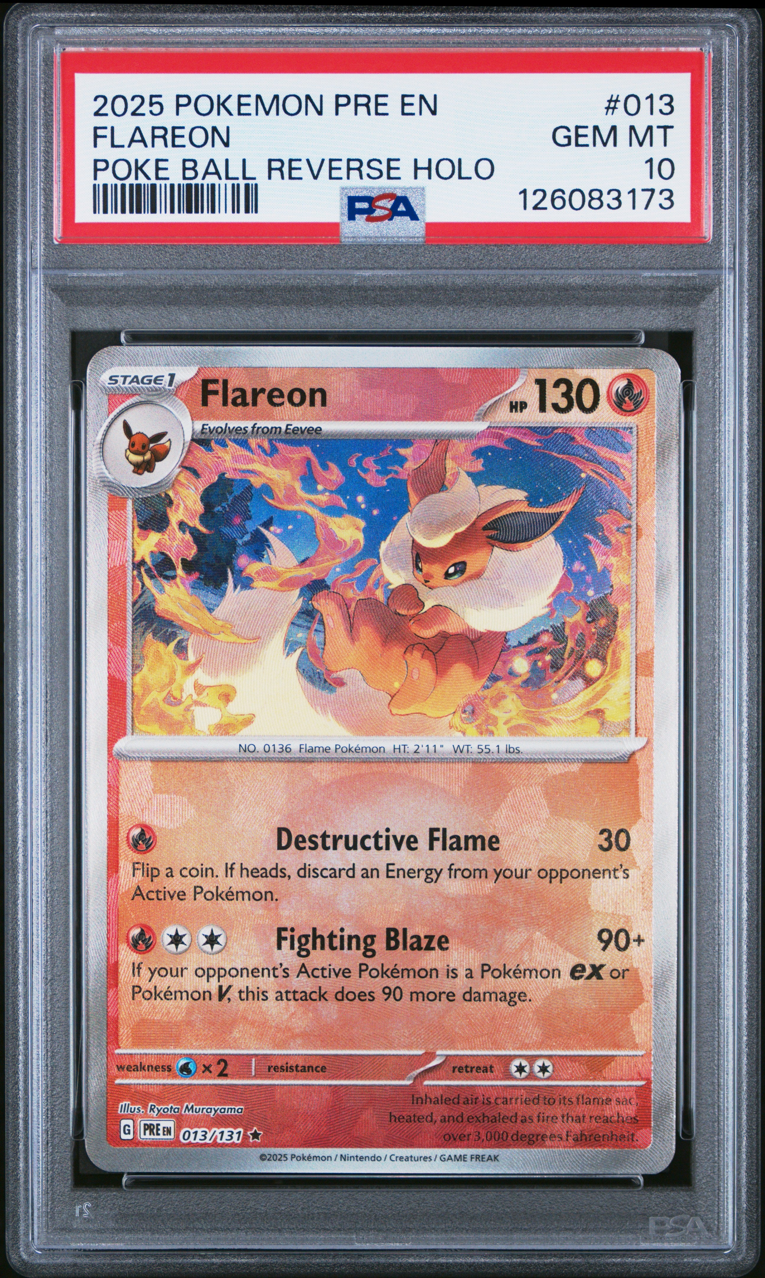 FLAREON | 2025 POKEMON PRE EN-PRISMATIC EVOLUTIONS 013 | POKE BALL REVERSE HOLO | PSA GEM MT 10