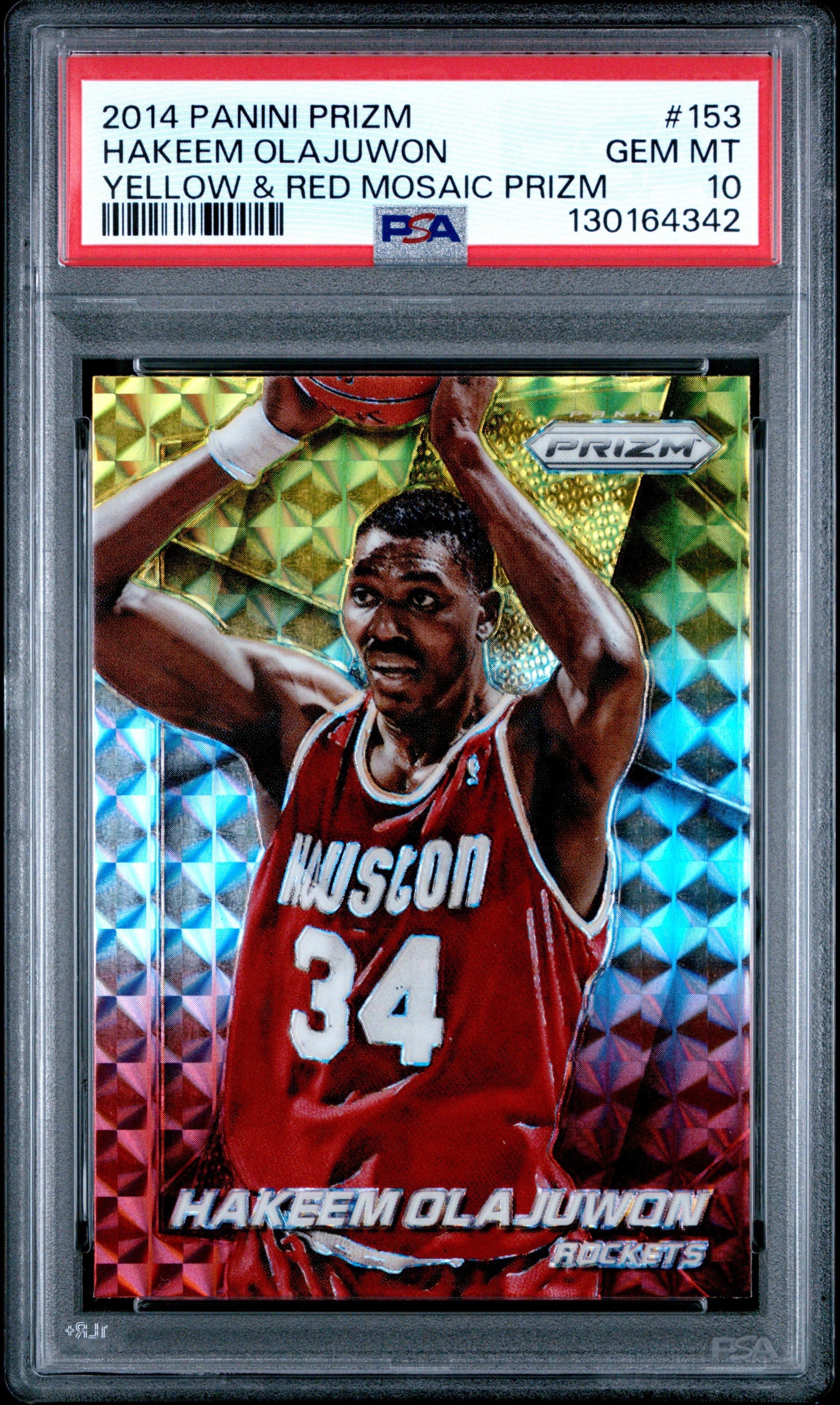 HAKEEM OLAJUWON | 2014 PANINI PRIZM 153 | YELLOW & RED MOSAIC PRIZM | PSA GEM MT 10