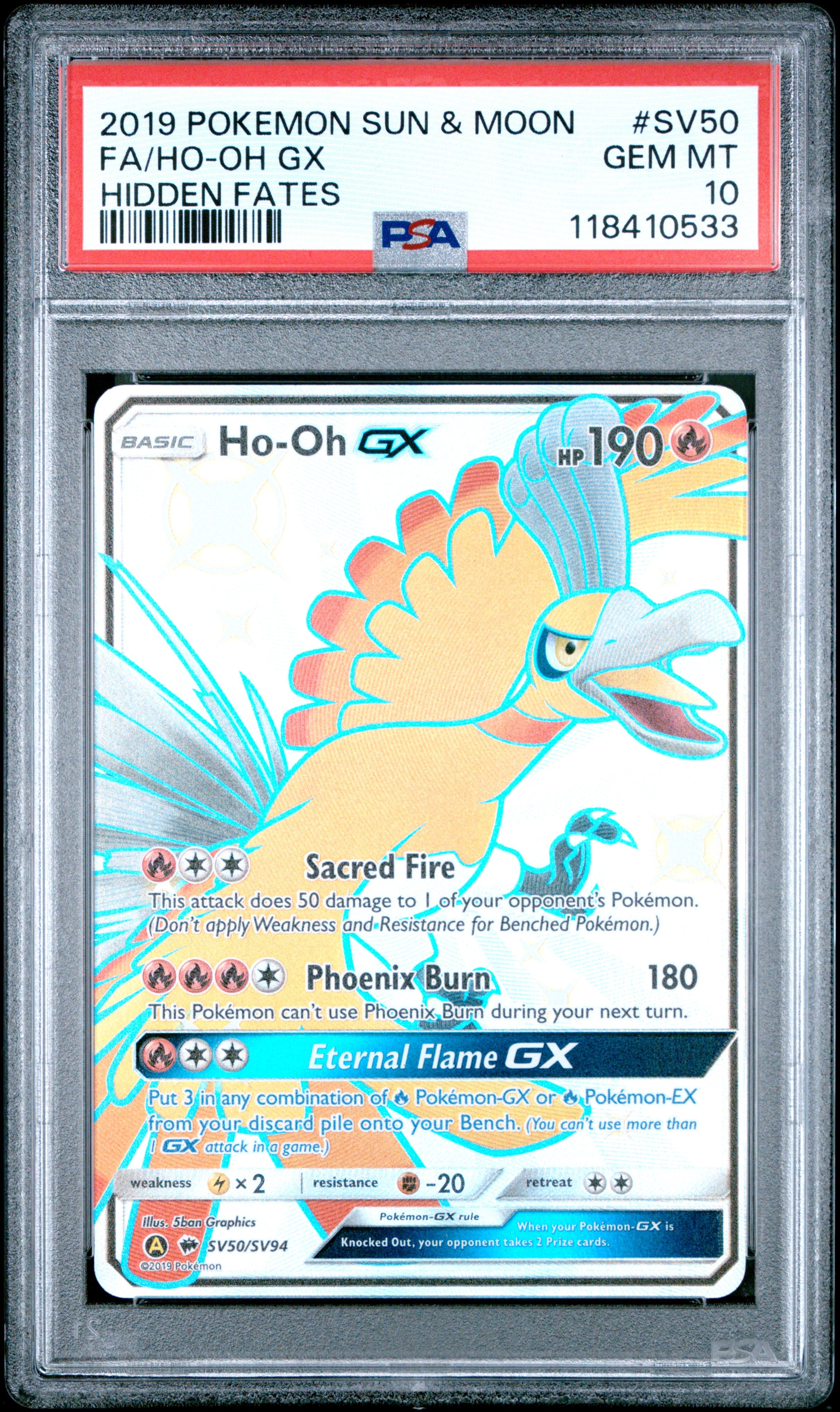 FA/HO-OH GX | 2019 POKEMON SUN & MOON HIDDEN FATES SV50 | HIDDEN FATES | PSA GEM MT 10