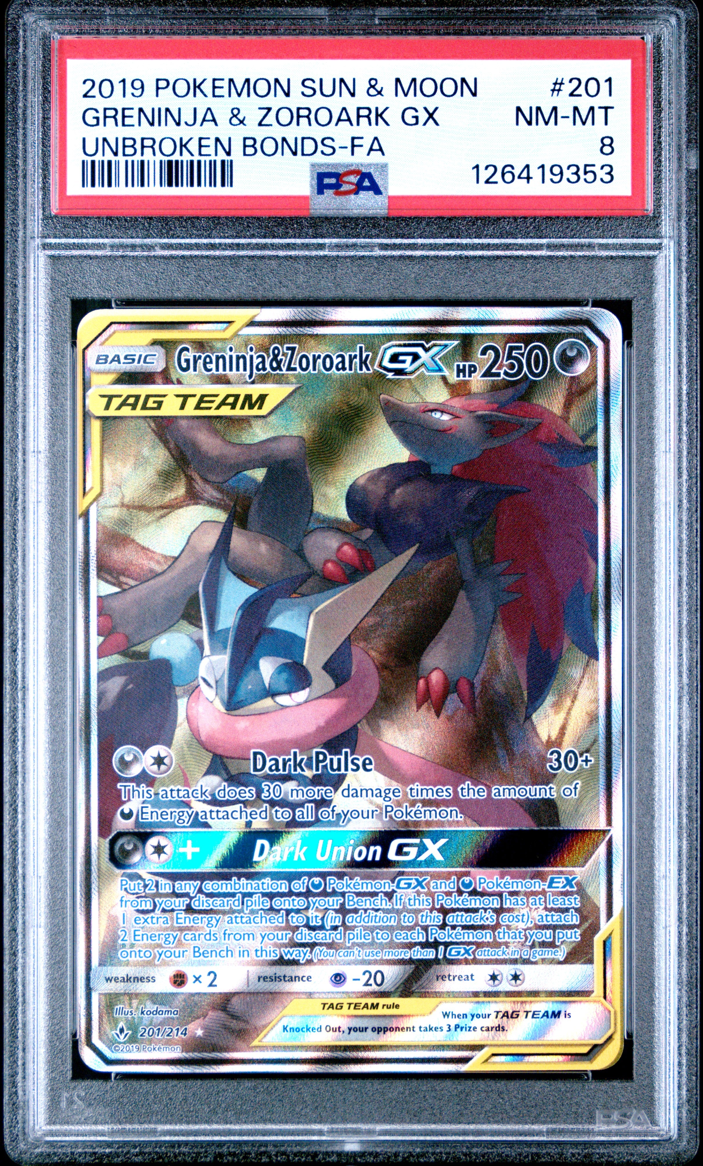 GRENINJA & ZOROARK GX | 2019 POKEMON SUN & MOON UNBROKEN BONDS 201 | UNBROKEN BONDS-FA | PSA NM-MT 8