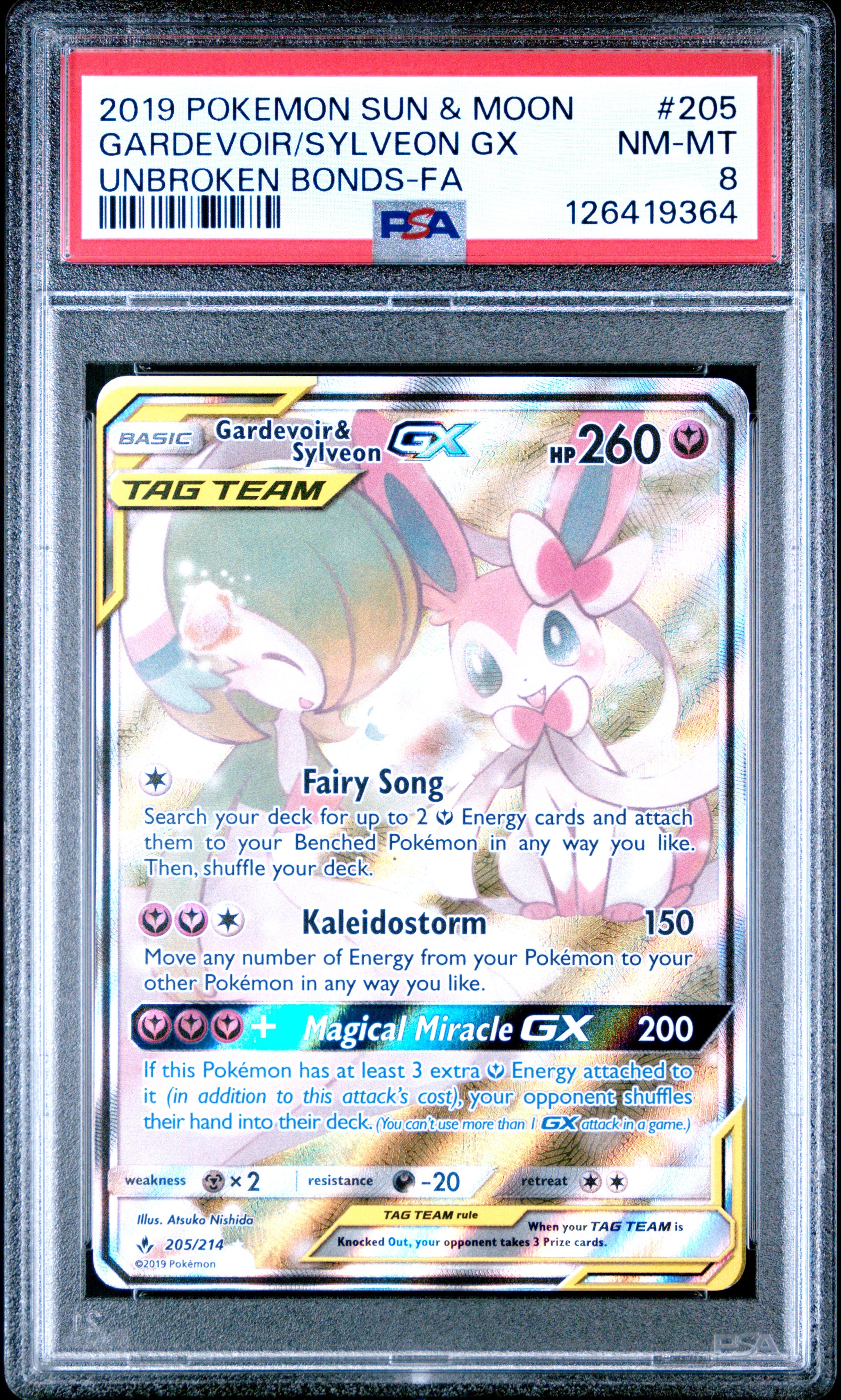 GARDEVOIR/SYLVEON GX | 2019 POKEMON SUN & MOON UNBROKEN BONDS 205 | UNBROKEN BONDS-FA | PSA NM-MT 8