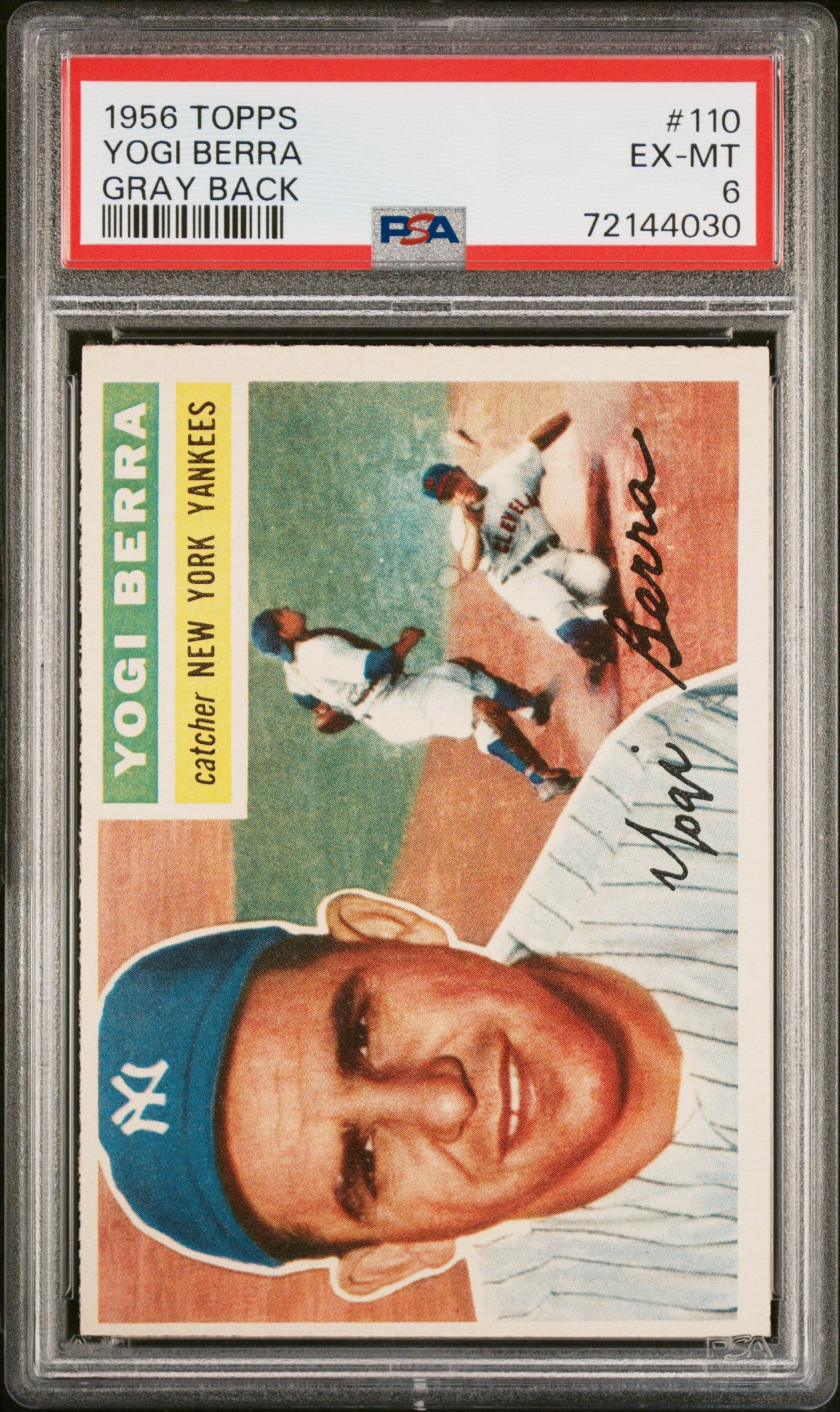 YOGI BERRA | 1956 TOPPS 110 | GRAY BACK | PSA EX-MT 6
