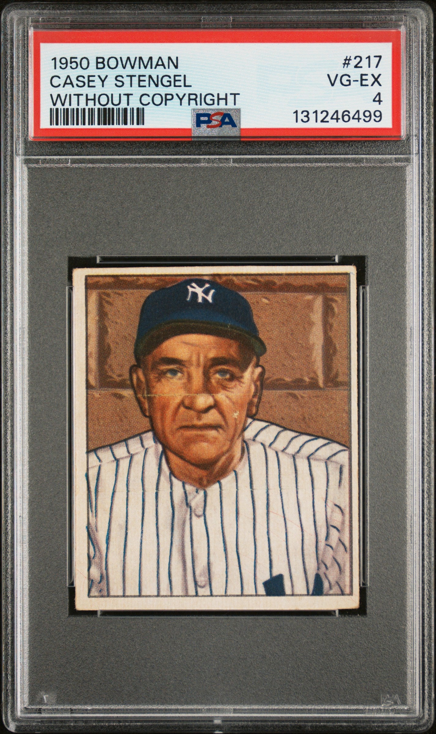 CASEY STENGEL | 1950 BOWMAN 217 | WITHOUT COPYRIGHT | PSA VG-EX 4