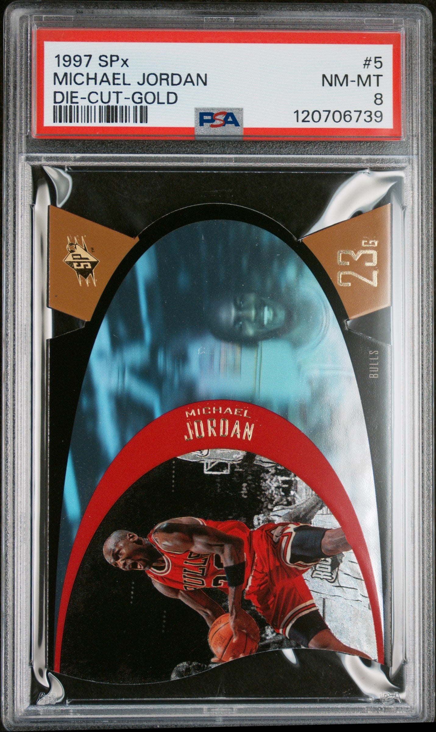 MICHAEL JORDAN | 1997 SPx DIE-CUT 5 | DIE-CUT-GOLD | PSA NM-MT 8