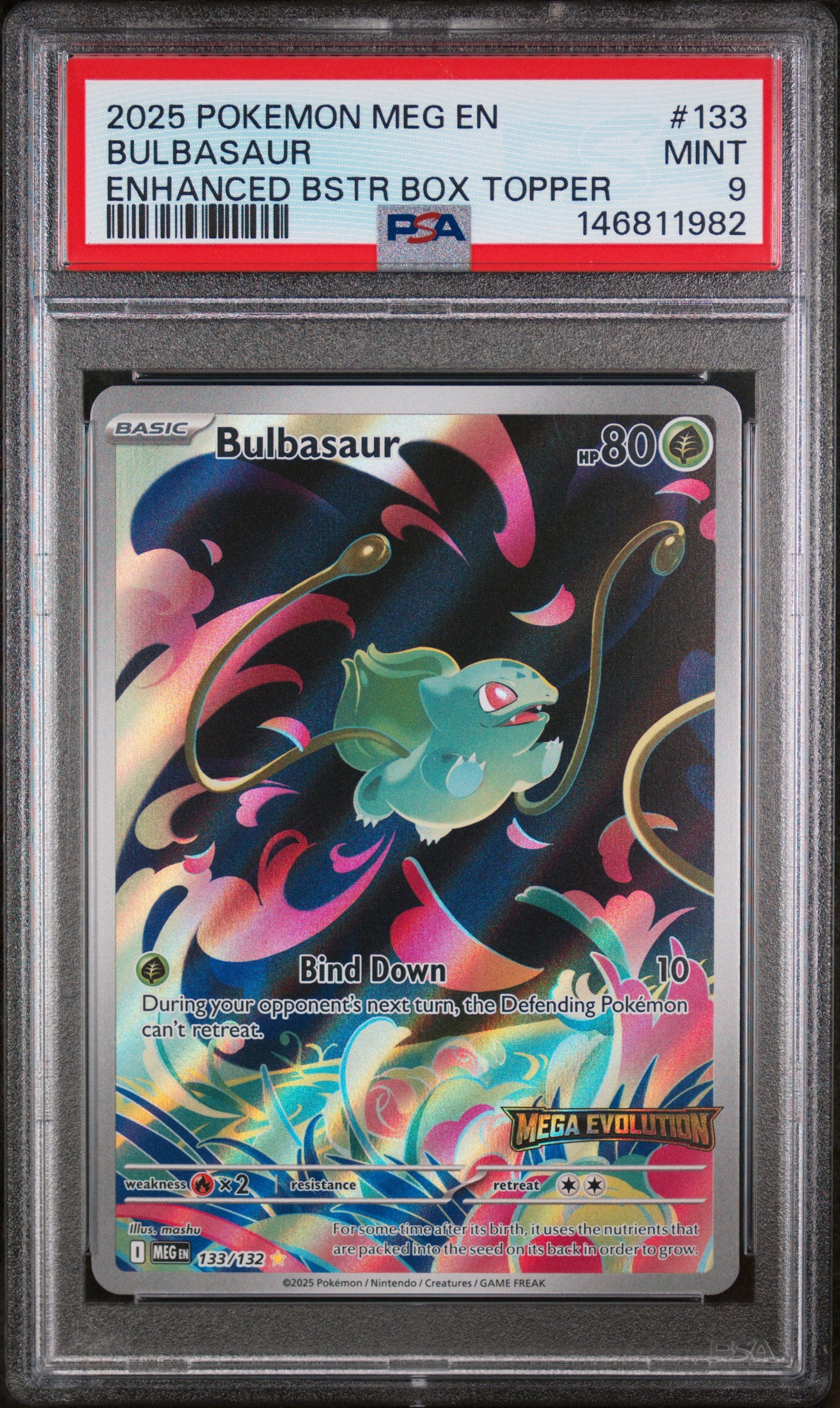 BULBASAUR | 2025 POKEMON MEG EN-MEGA EVOLUTION 133 | ENHANCED BSTR BOX TOPPER | PSA MINT 9