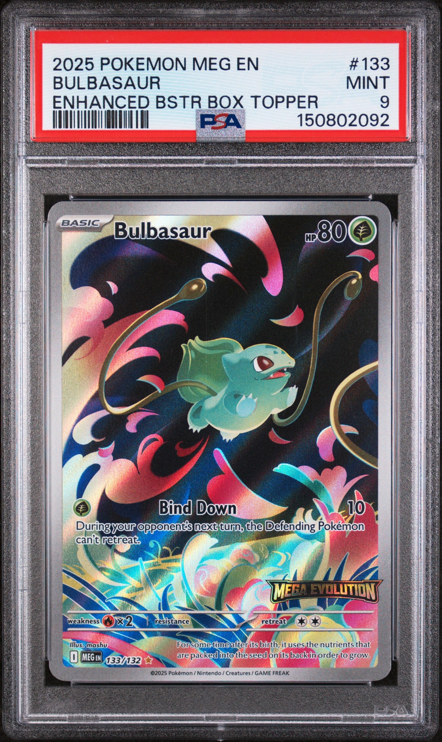 BULBASAUR | 2025 POKEMON MEG EN-MEGA EVOLUTION 133 | ENHANCED BSTR BOX TOPPER | PSA MINT 9