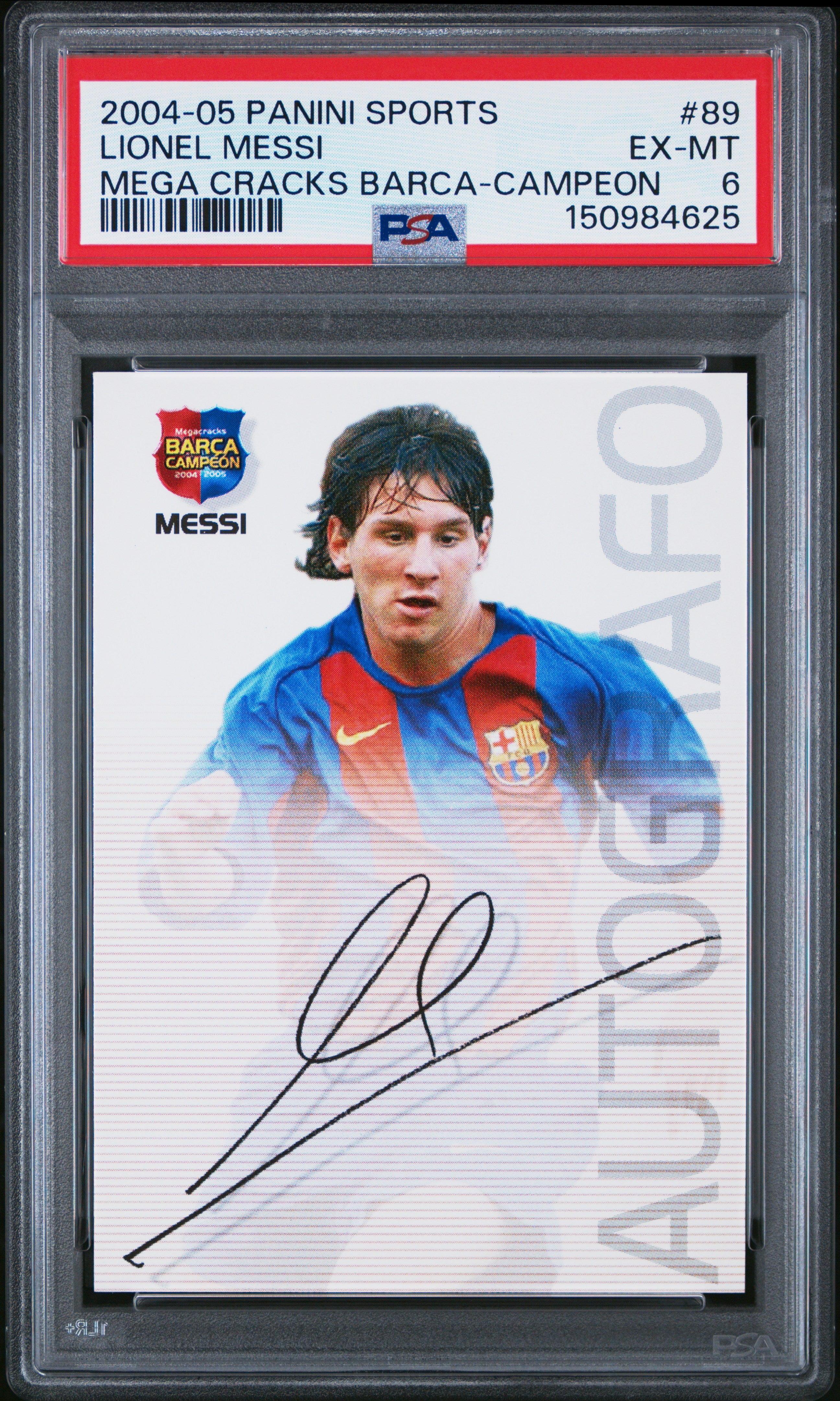 LIONEL MESSI | 2004-05 PANINI SPORTS MEGA CRACKS BARCA 89 | MEGA CRACKS BARCA-CAMPEON | PSA EX-MT 6