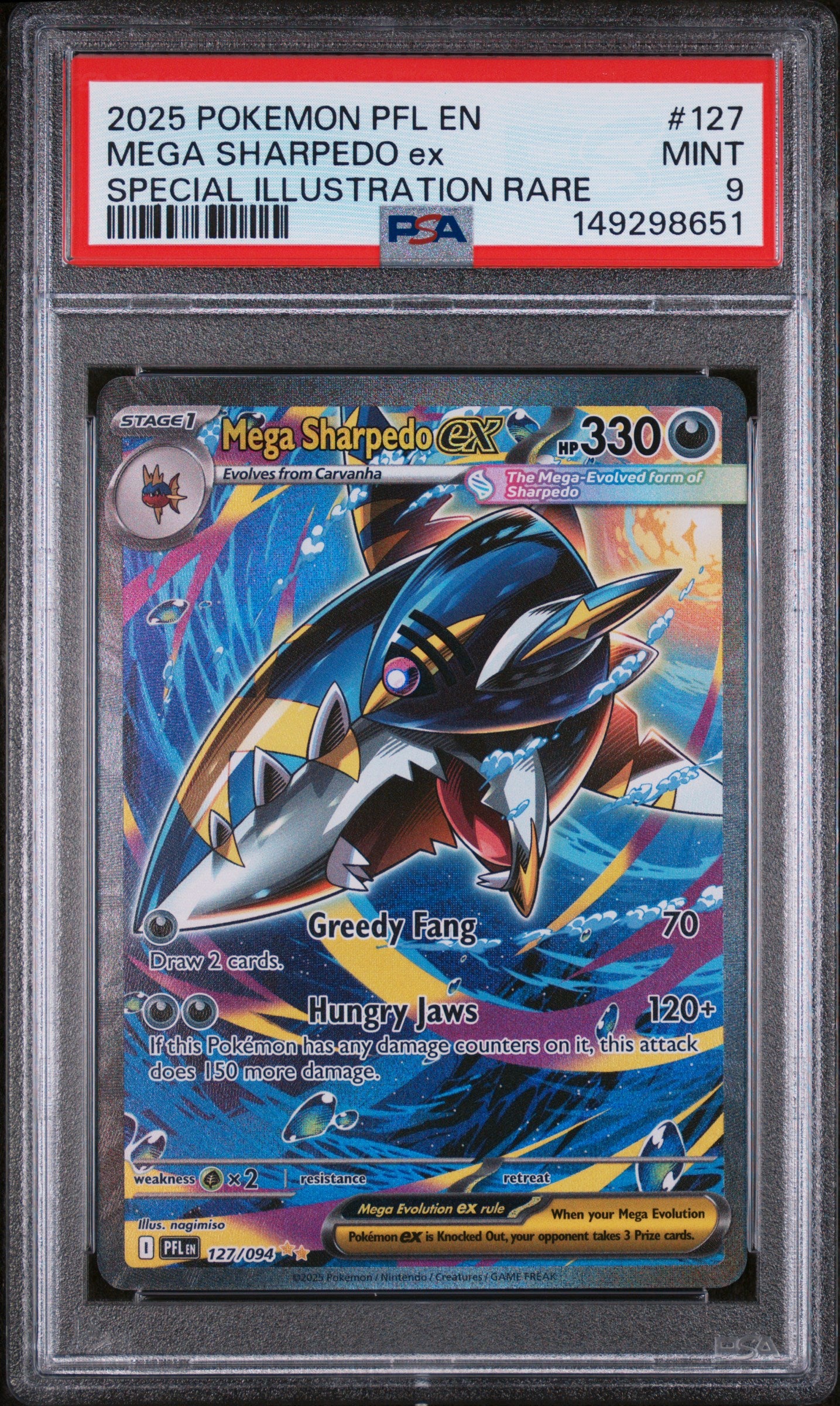 MEGA SHARPEDO ex | 2025 POKEMON PFL EN-PHANTASMAL FLAMES 127 | SPECIAL ILLUSTRATION RARE | PSA MINT 9