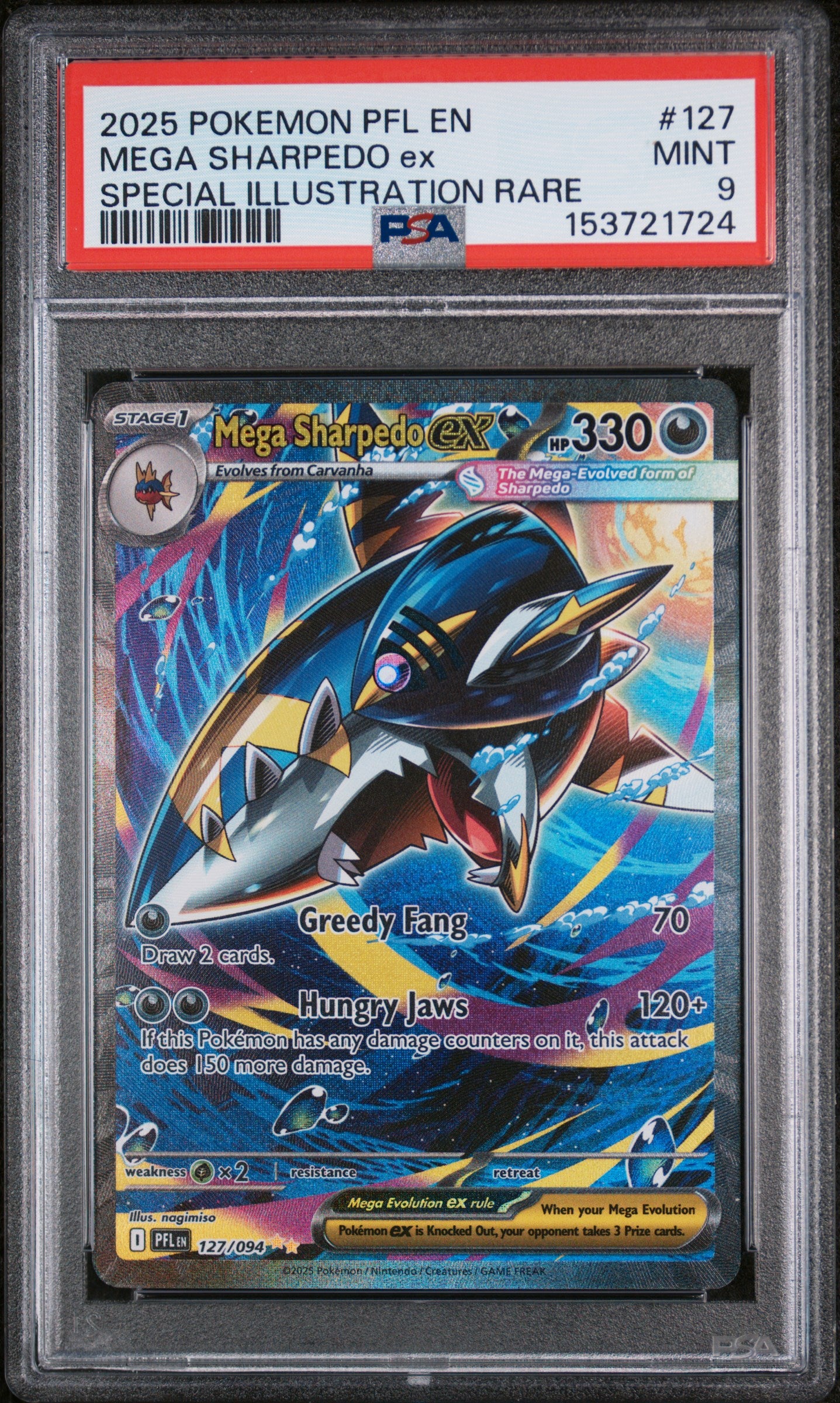 MEGA SHARPEDO ex | 2025 POKEMON PFL EN-PHANTASMAL FLAMES 127 | SPECIAL ILLUSTRATION RARE | PSA MINT 9