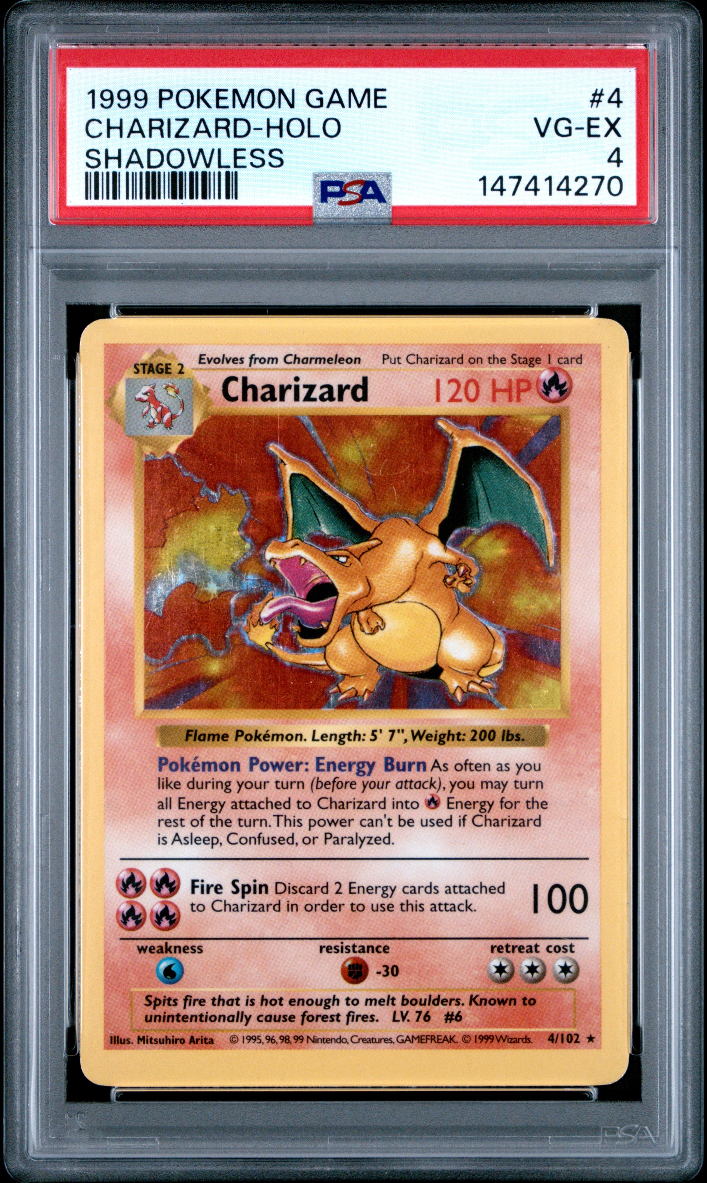 CHARIZARD-HOLO | 1999 POKEMON GAME 4 | SHADOWLESS | PSA VG-EX 4