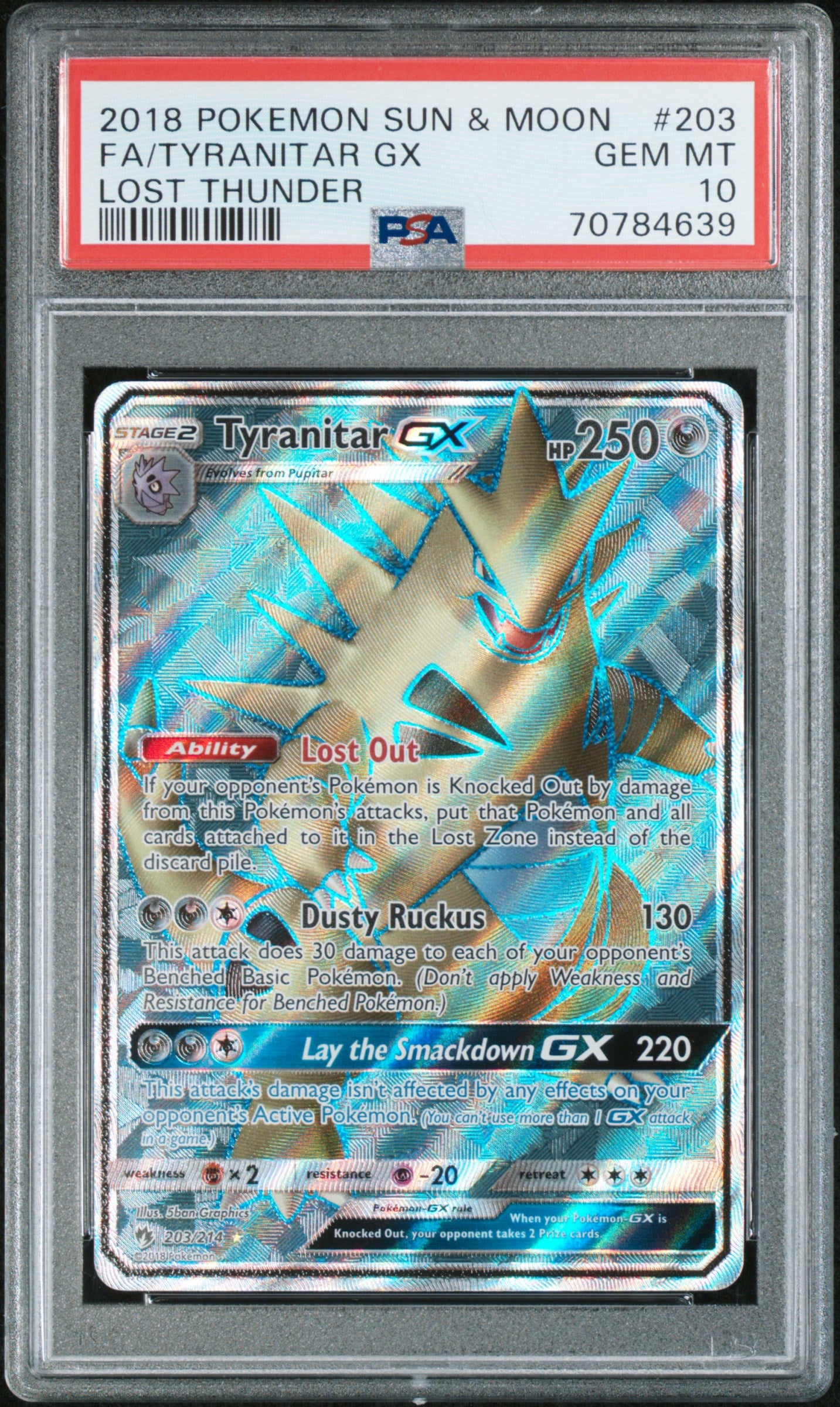 FA/TYRANITAR GX | 2018 POKEMON SUN & MOON LOST THUNDER 203 | LOST THUNDER | PSA GEM MT 10