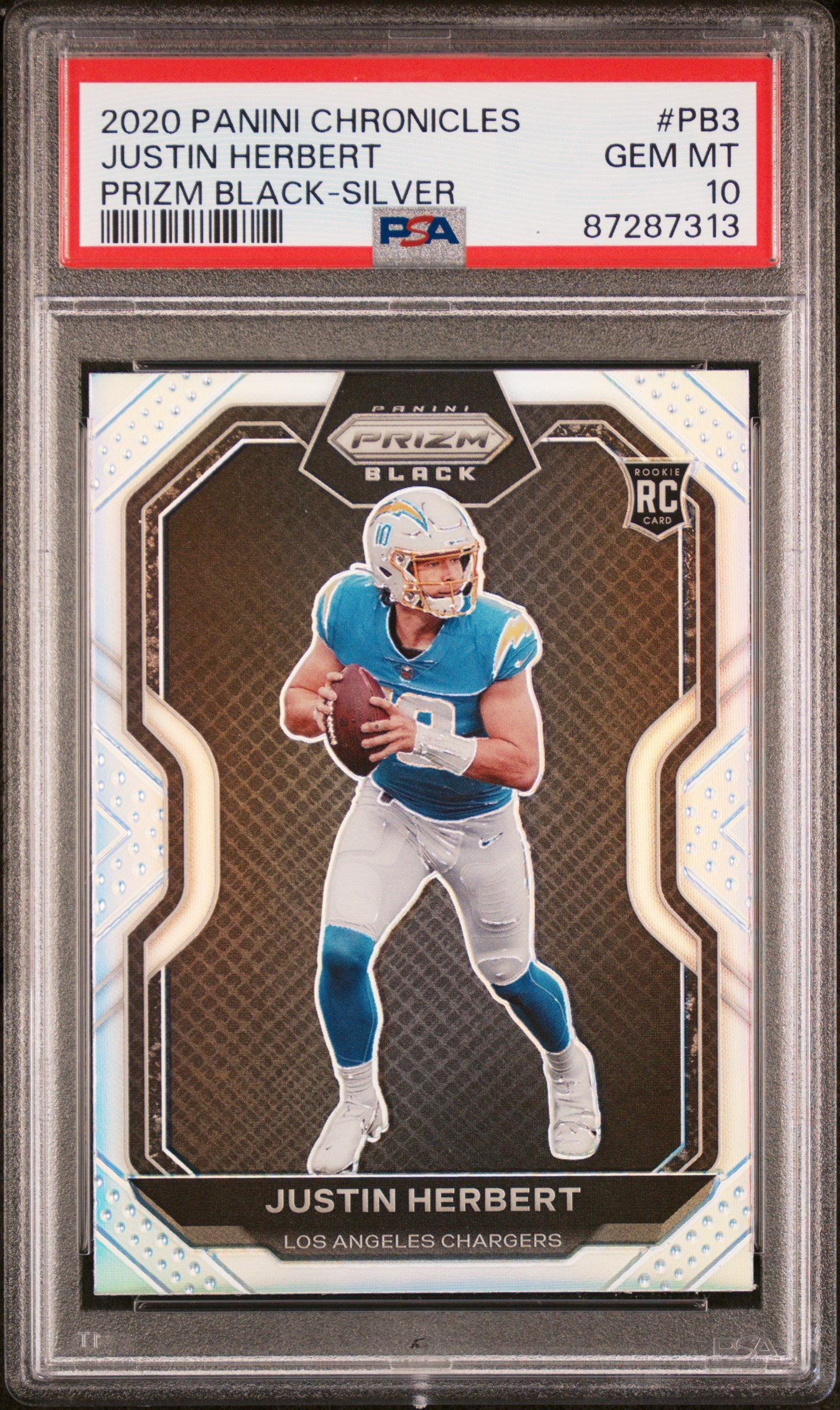 JUSTIN HERBERT | 2020 PANINI CHRONICLES PRIZM BLACK PB3 | PRIZM BLACK-SILVER | PSA GEM MT 10