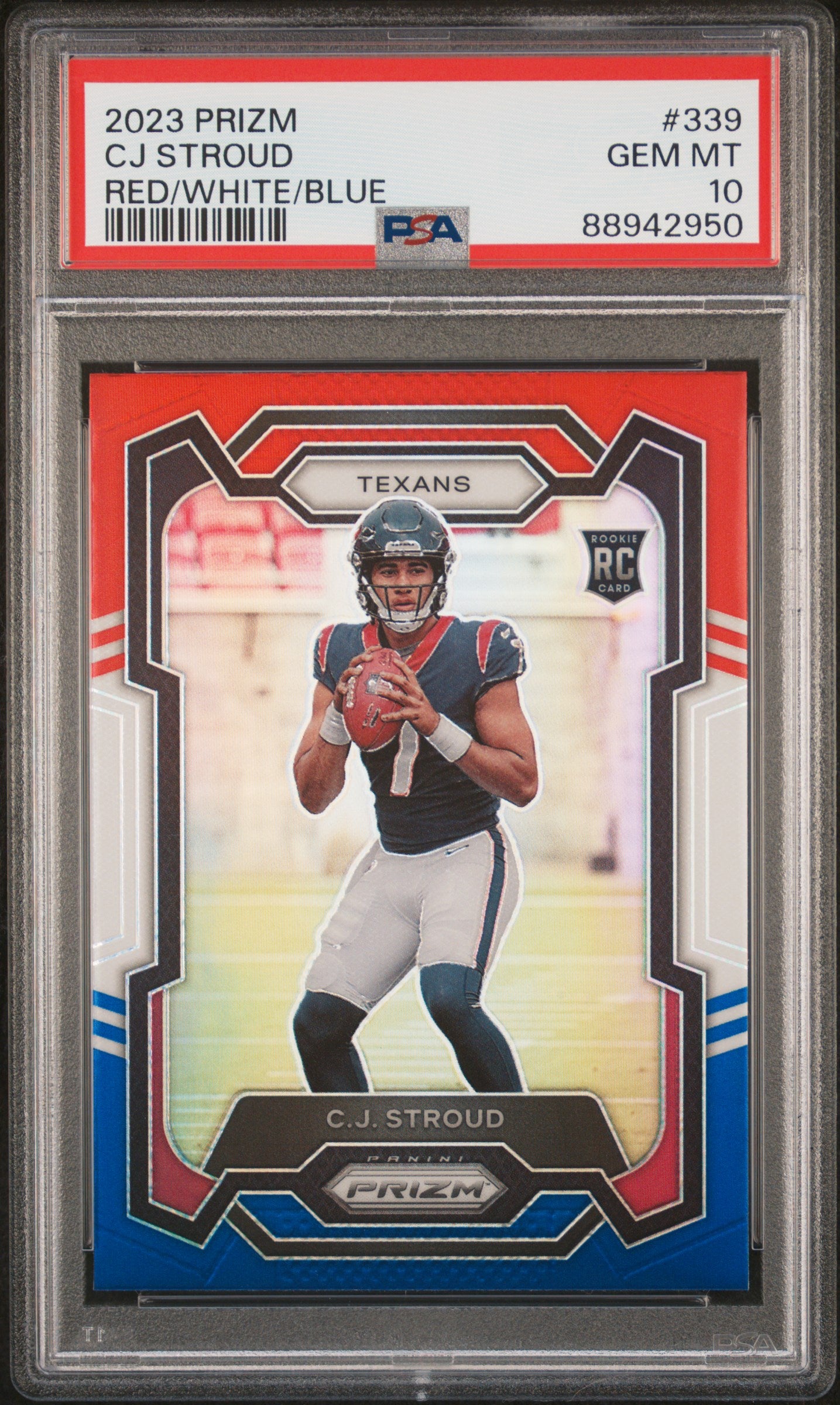 CJ STROUD | 2023 PANINI PRIZM 339 | RED/WHITE/BLUE PRIZM | PSA GEM MT 10